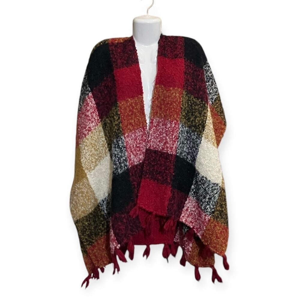 Quagga Women's Red, Gray, Tan, Black Checkered Oversized Shawl/ Cape One Size - Picture 4 of 4